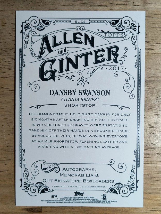 2017 Topps Allen and Ginter Box Toppers #BLDS Dansby Swanson