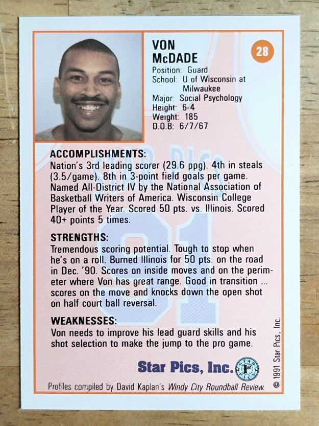 1991 Star Pics #28 Von McDade