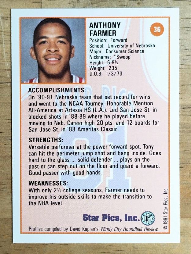 1991 Star Pics #36 Tony Farmer