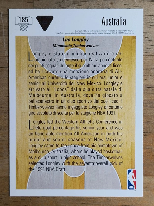 1991-92 Upper Deck International Italian #185 Luc Longley WS