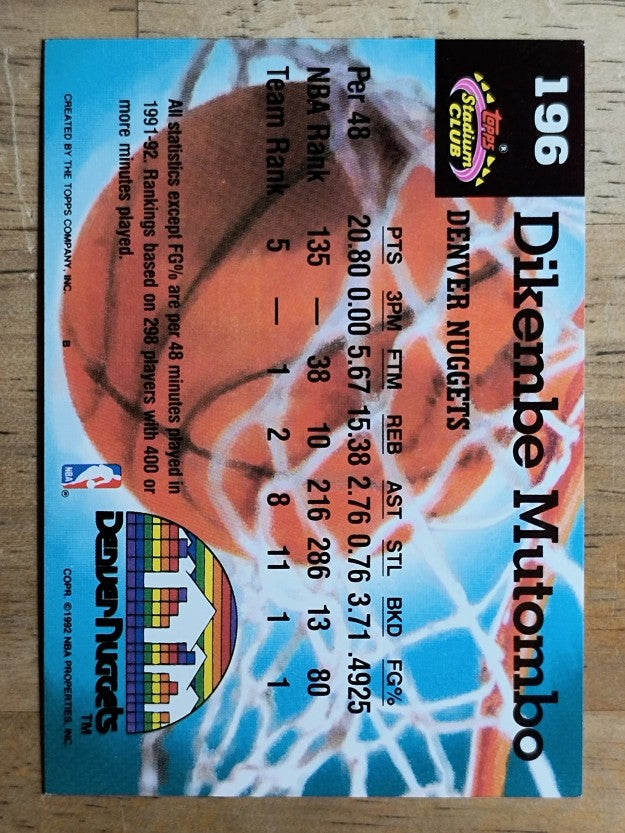 1992-93 Stadium Club #196 Dikembe Mutombo MC