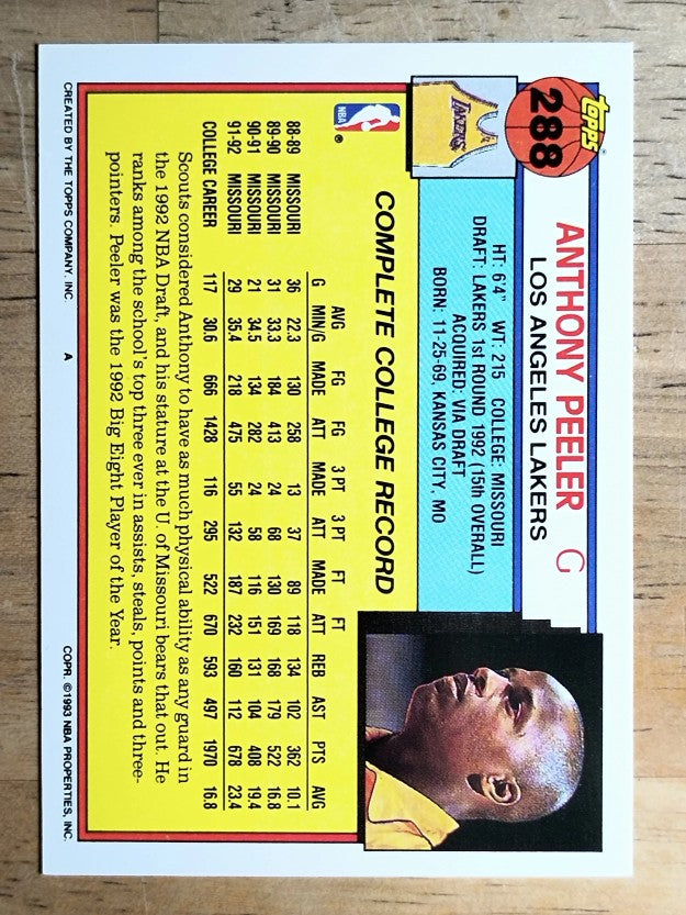 1992-93 Topps #288 Anthony Peeler RC
