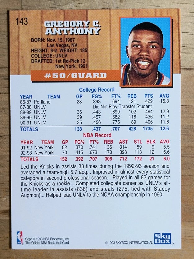 1993-94 Hoops #143 Greg Anthony