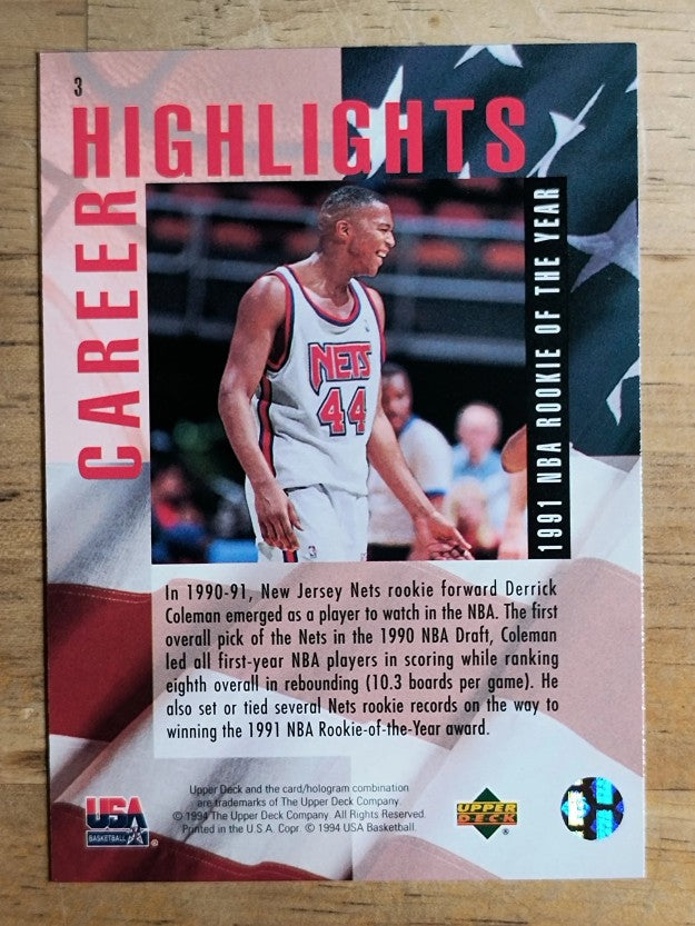 1994 Upper Deck USA #3 Derrick Coleman/1991 Rookie of the Year