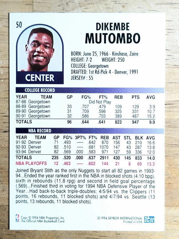 1994-95 Hoops #50 Dikembe Mutombo