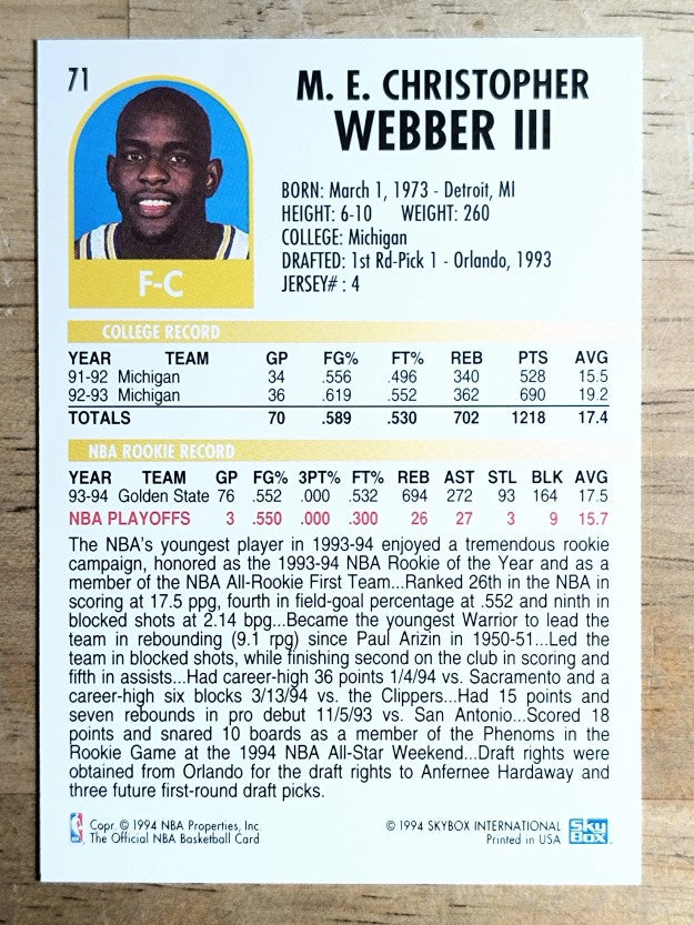 1994-95 Hoops #71 Chris Webber