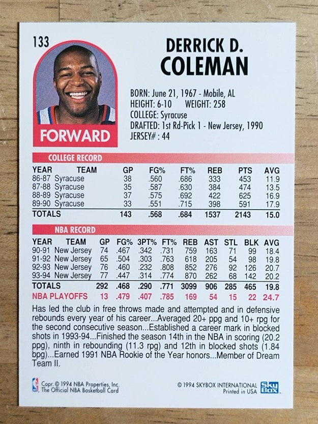 1994-95 Hoops #133 Derrick Coleman