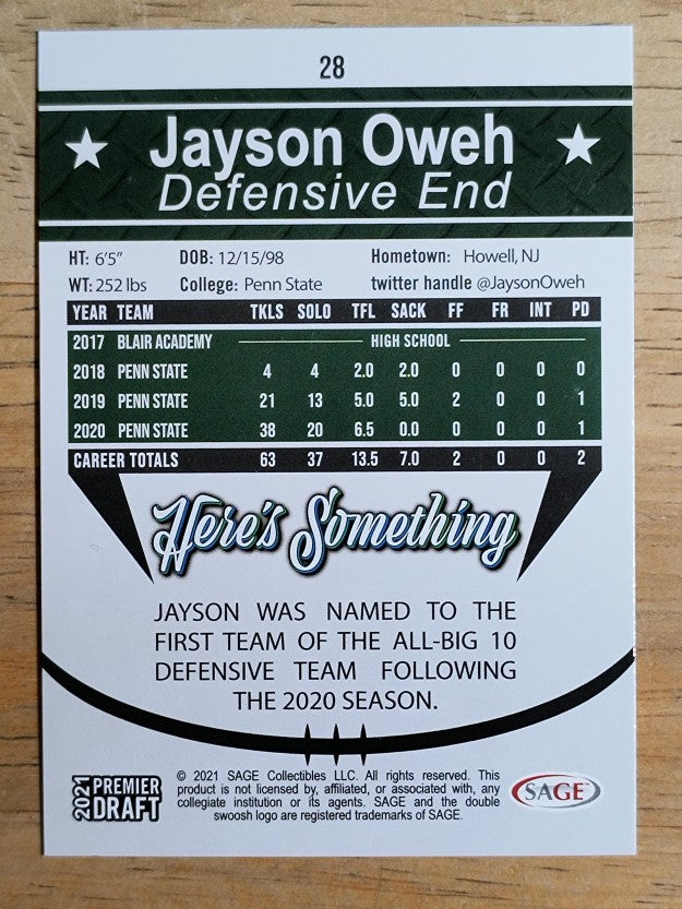 2021 SAGE HIT #28 Jayson Oweh