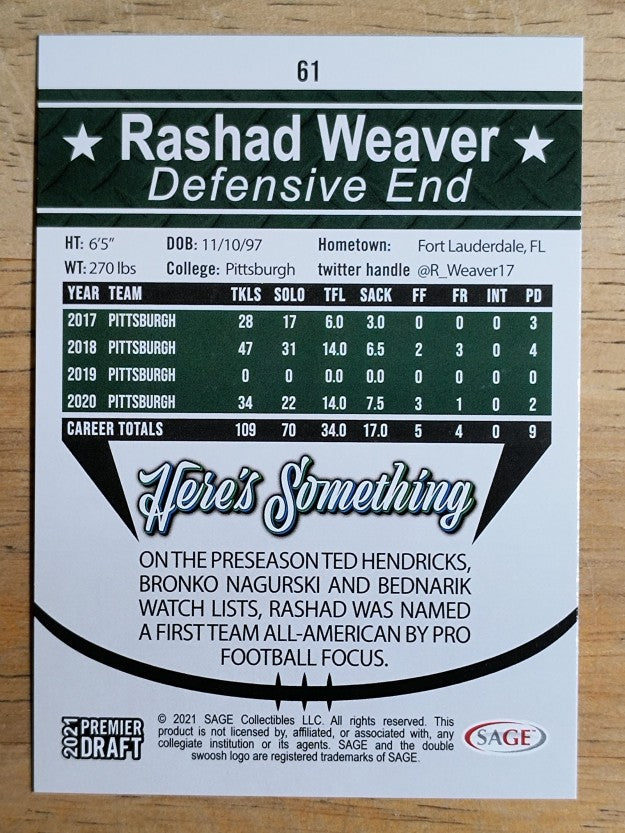 2021 SAGE HIT #61 Rashad Weaver