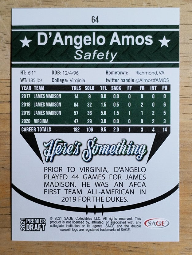 2021 SAGE HIT #64 D'Angelo Amos