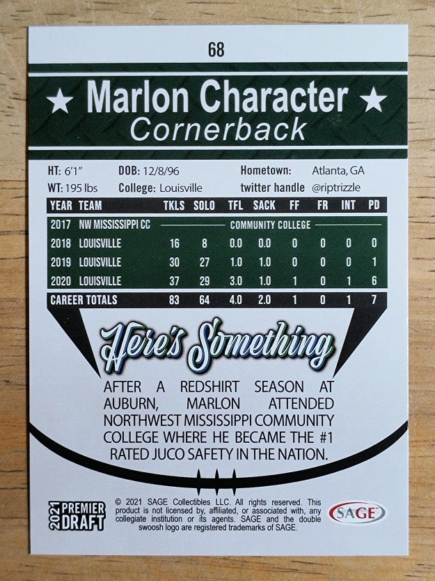2021 SAGE HIT #68 Marlon Character