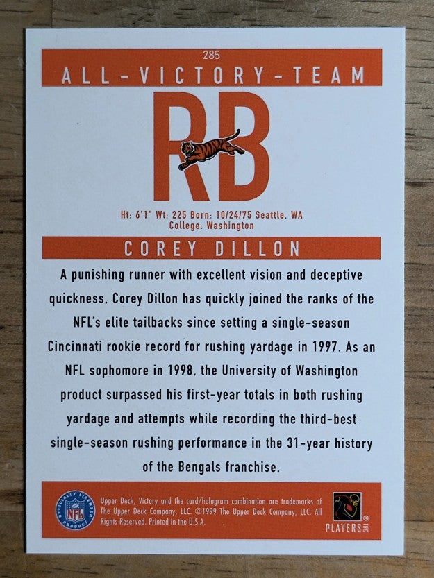 1999 Upper Deck Victory #285 Corey Dillon AV