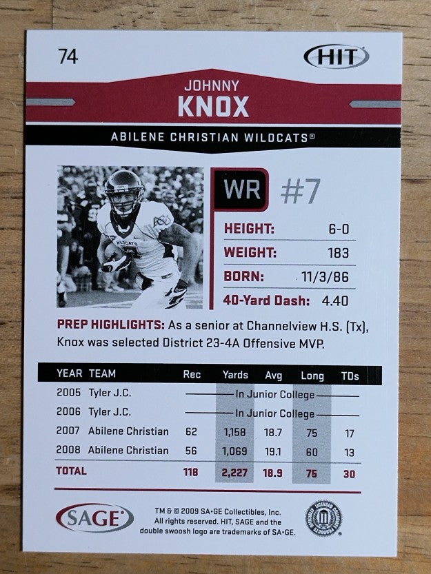 2009 SAGE HIT #74 Johnny Knox