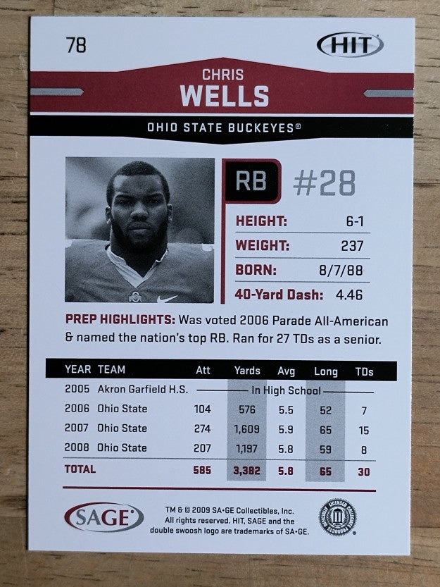 2009 SAGE HIT #78 Chris Wells