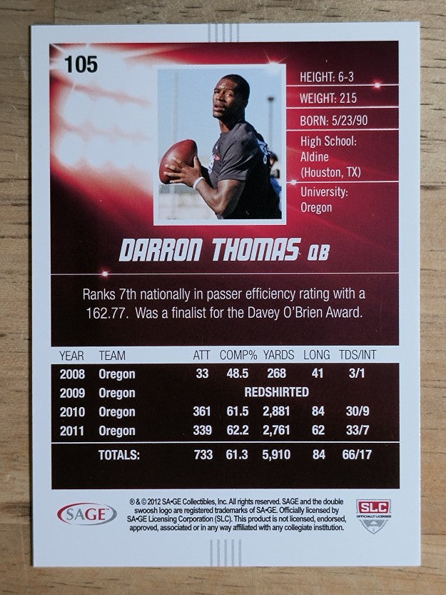 2012 SAGE HIT #105 Darron Thomas