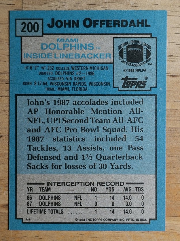 1988 Topps #200 John Offerdahl