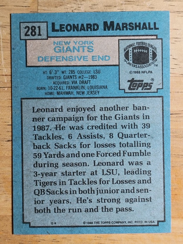 1988 Topps #281 Leonard Marshall