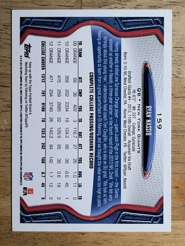 2013 Topps #159A Ryan Nassib RC/(left hand at shoulder)