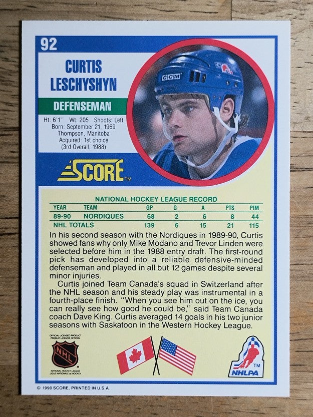 1990-91 Score #92 Curtis Leschyshyn RC