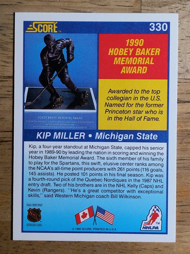 1990-91 Score #330B Kip Miller Hob COR RC/(Score logo appears on front)