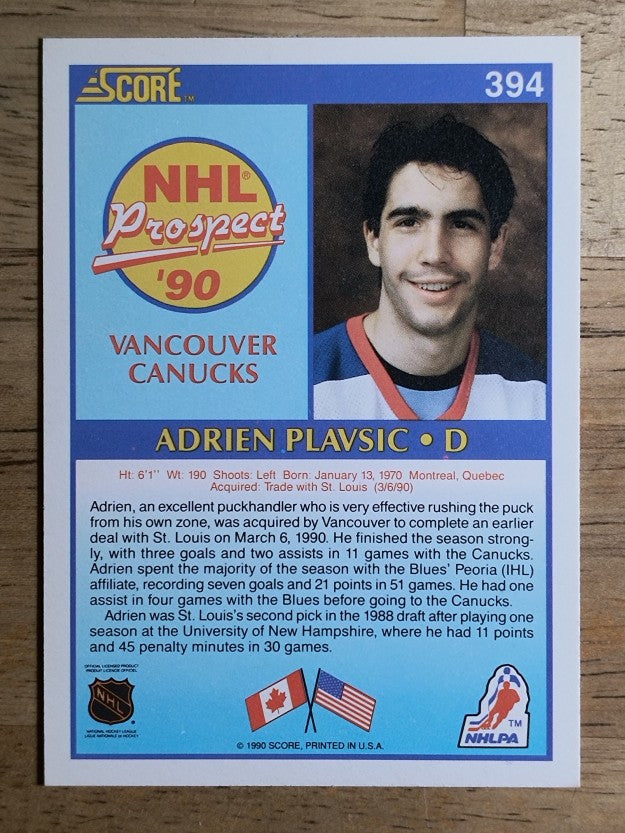1990-91 Score #394 Adrien Plavsic RC