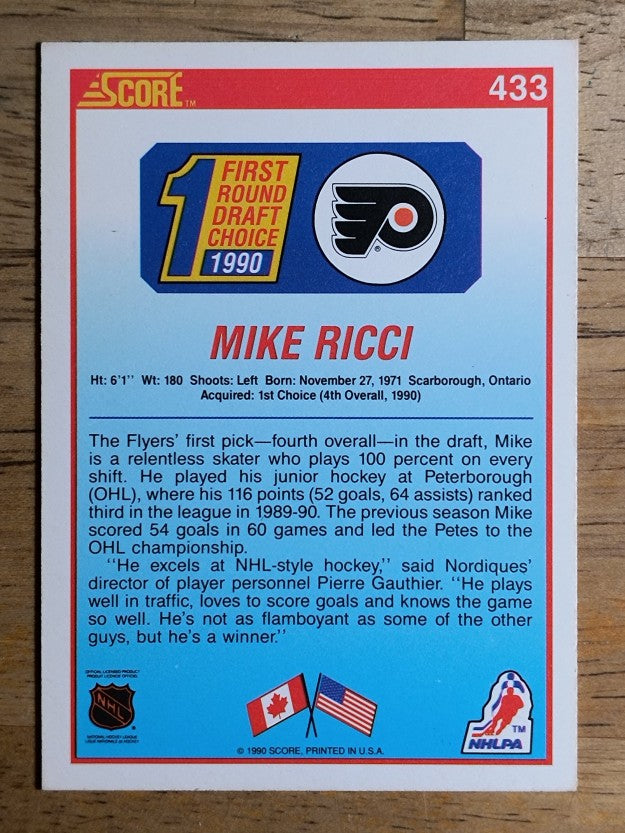 1990-91 Score #433 Mike Ricci RC