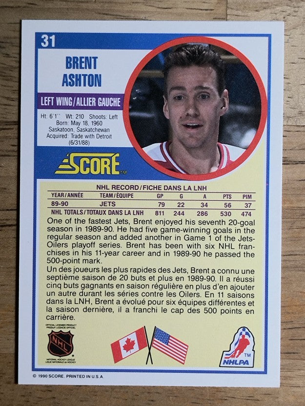 1990-91 Score Canadian #31B Brent Ashton COR/(LW on card front)