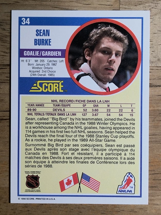 1990-91 Score Canadian #34 Sean Burke