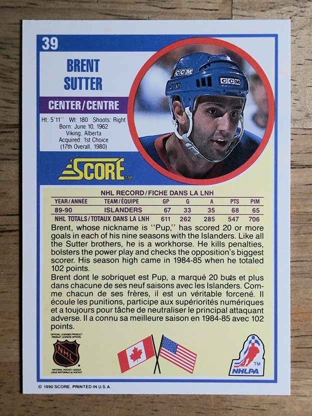 1990-91 Score Canadian #39 Brent Sutter