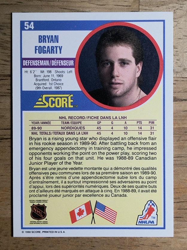 1990-91 Score Canadian #54 Bryan Fogarty RC