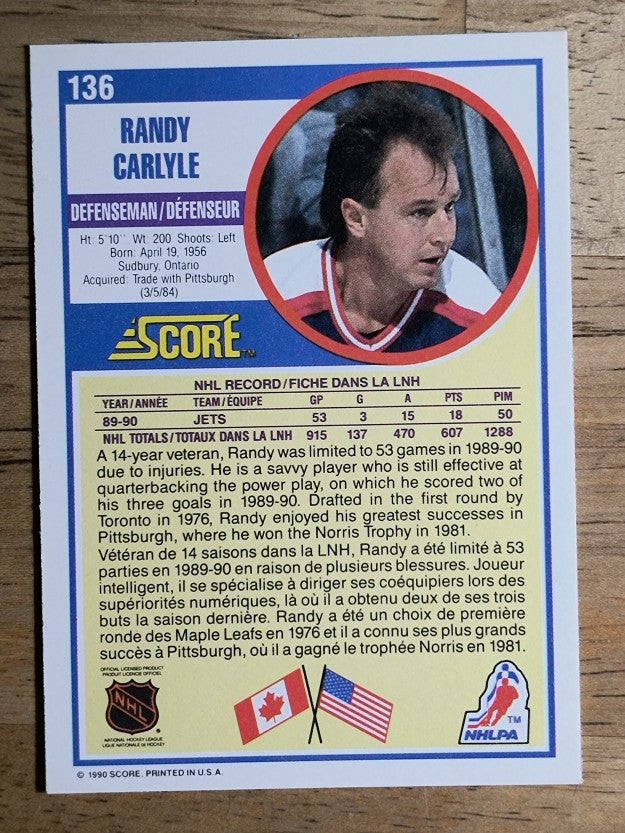 1990-91 Score Canadian #136 Randy Carlyle