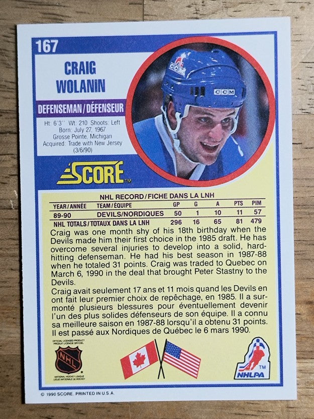 1990-91 Score Canadian #167 Craig Wolanin RC