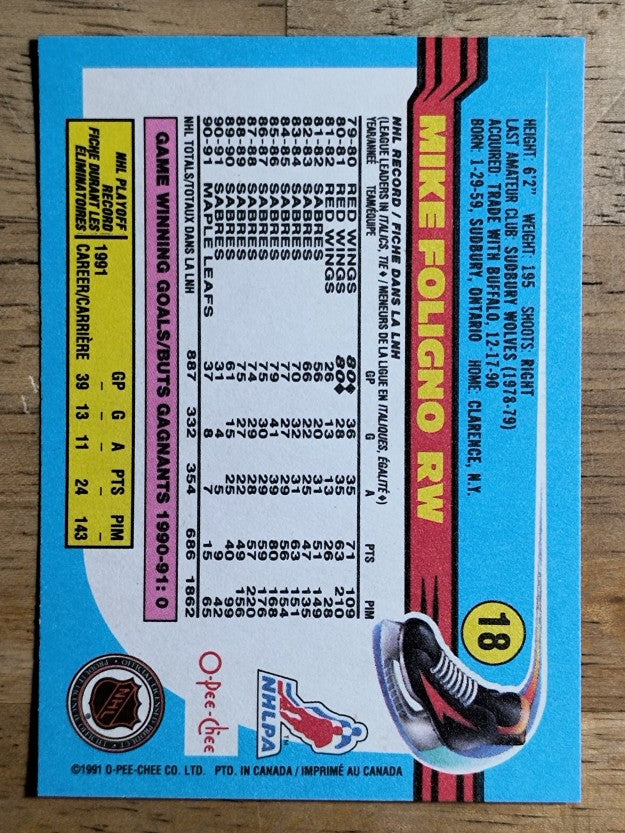 1991-92 O-Pee-Chee #18 Mike Foligno