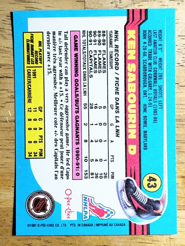 1991-92 O-Pee-Chee #43 Ken Sabourin
