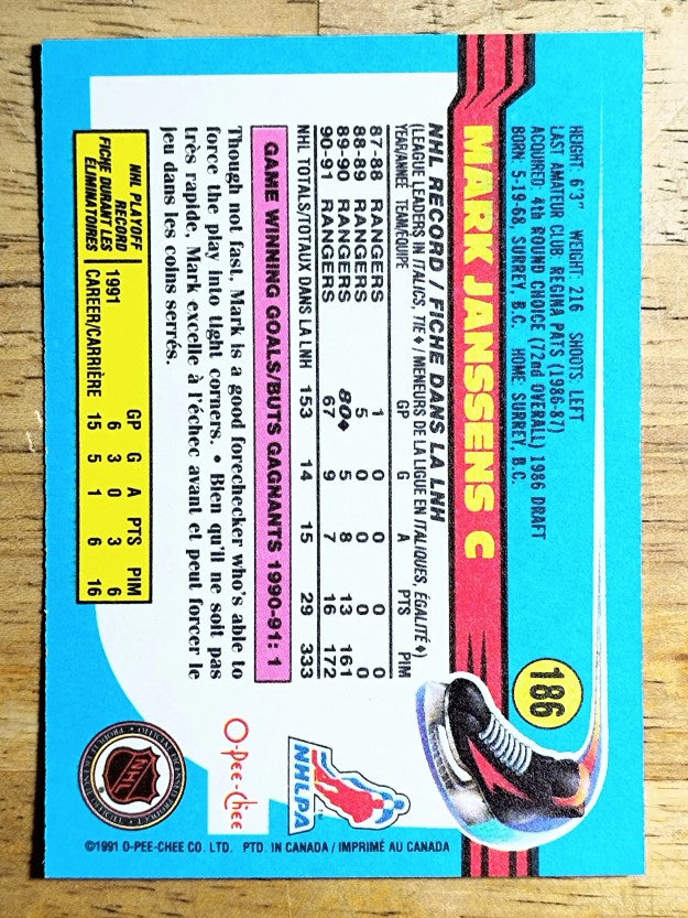 1991-92 O-Pee-Chee #186 Mark Janssens