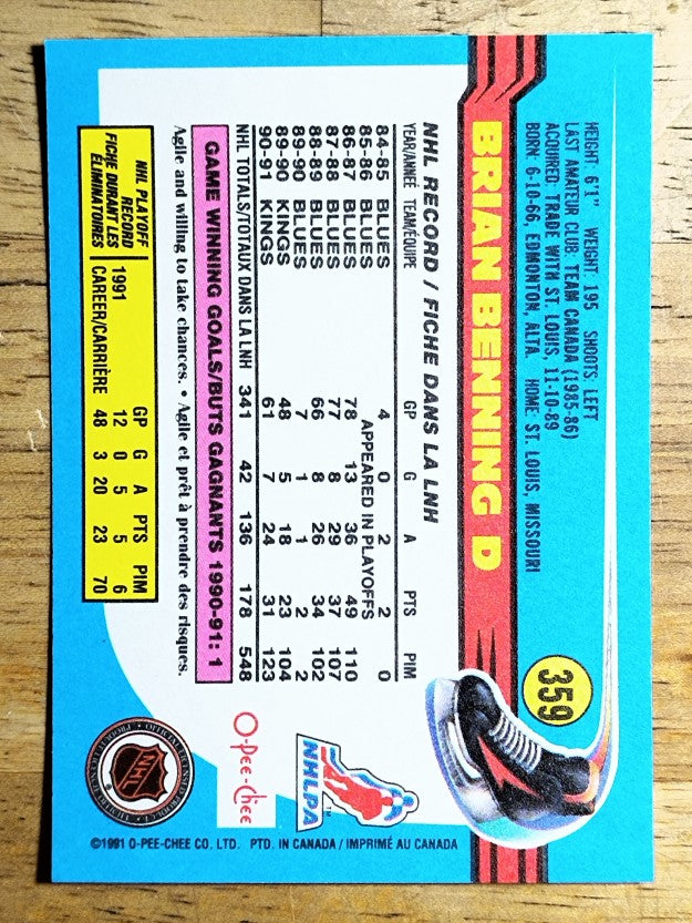 1991-92 O-Pee-Chee #359 Brian Benning