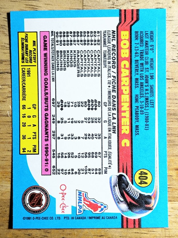 1991-92 O-Pee-Chee #404 Bob Carpenter