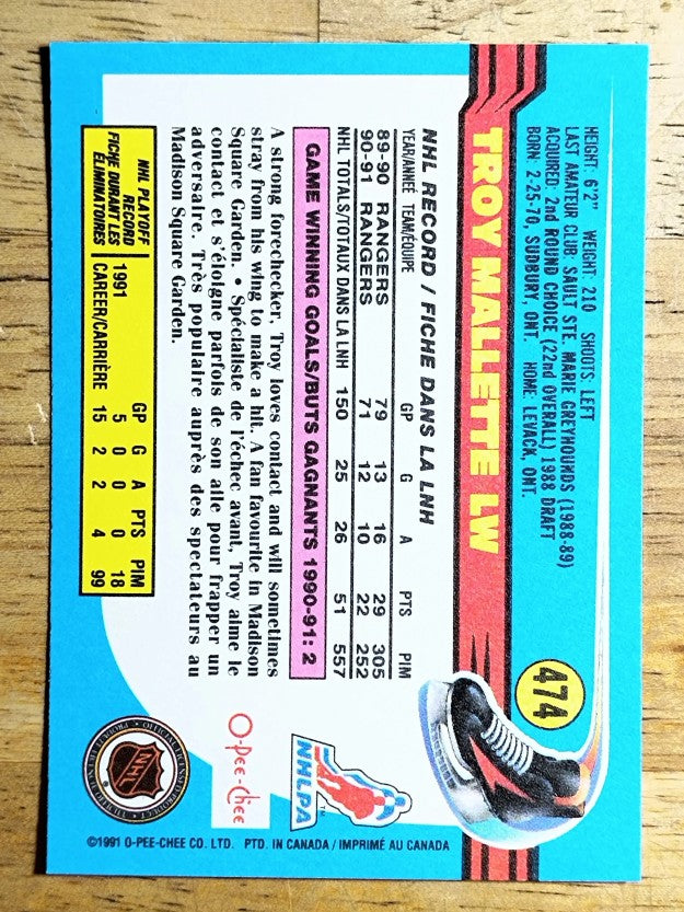 1991-92 O-Pee-Chee #474 Troy Mallette