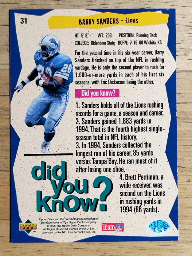 1995 Collector's Choice Player's Club #31 Barry Sanders DYK