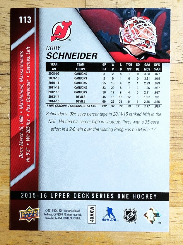 2015-16 Upper Deck #113 Cory Schneider