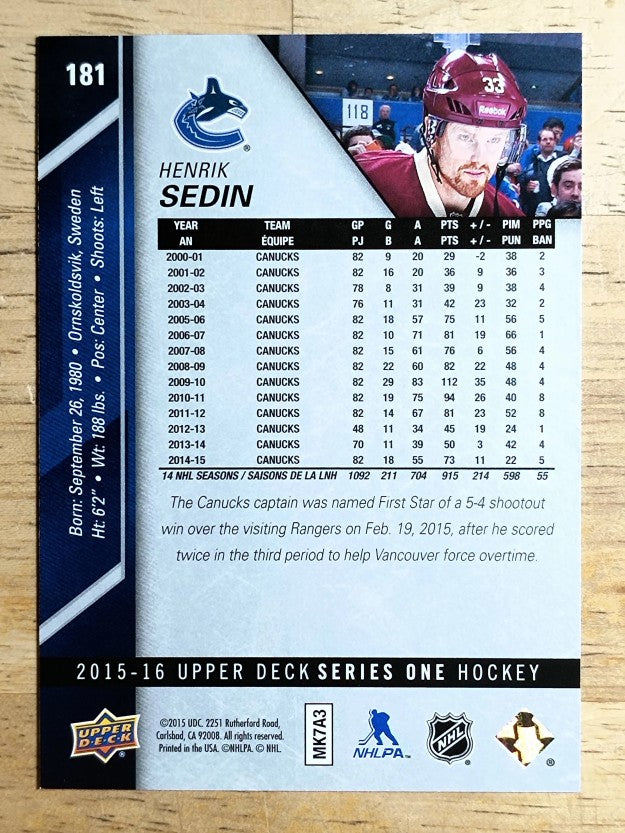 2015-16 Upper Deck #181 Henrik Sedin