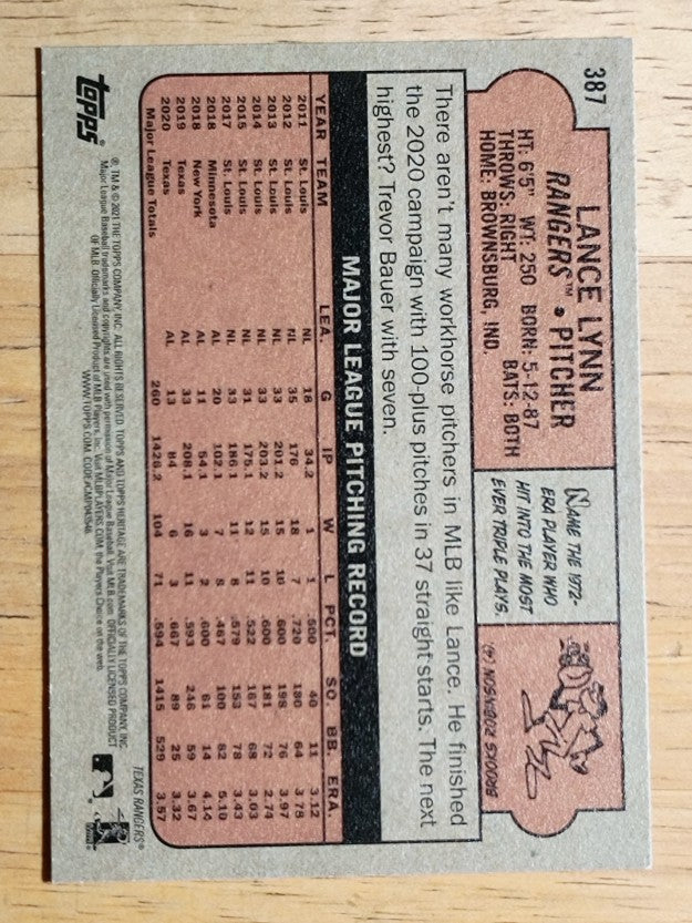2021 Topps Heritage #387 Lance Lynn