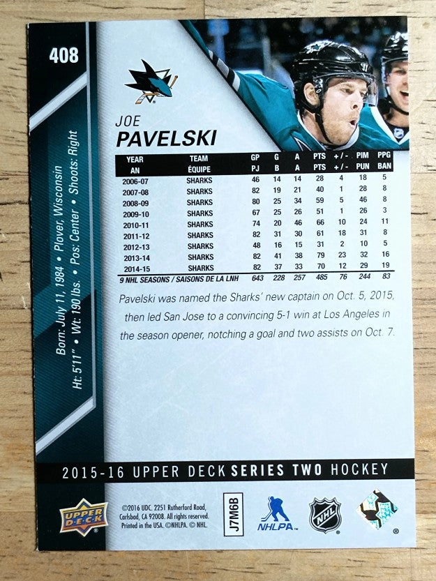 2015-16 Upper Deck #408 Joe Pavelski