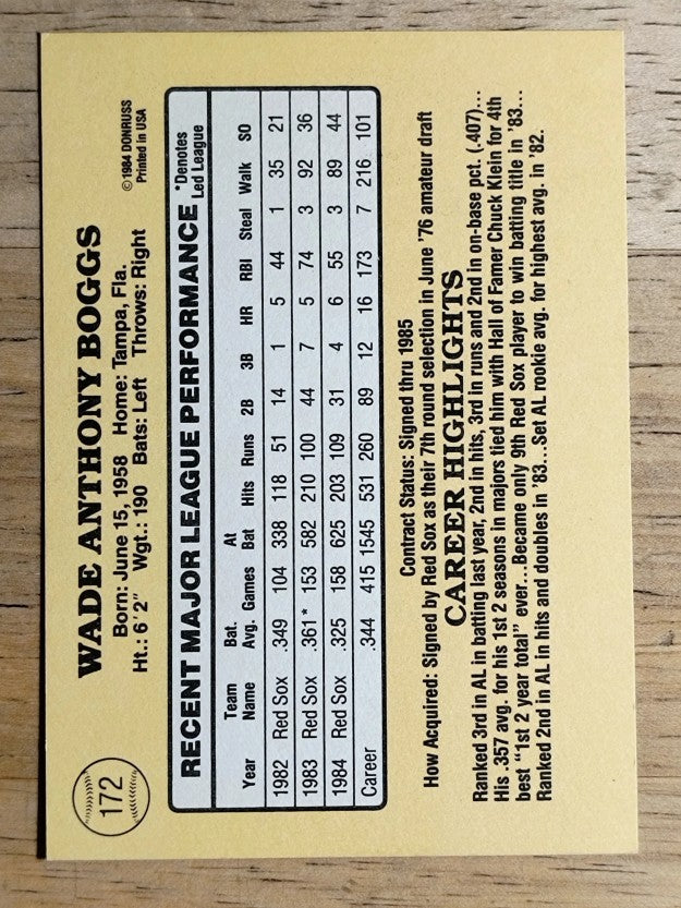 1985 Donruss #172 Wade Boggs