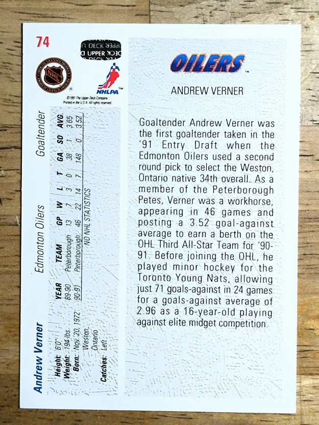1991-92 Upper Deck #74 Andrew Verner RC