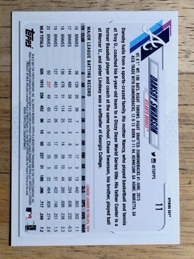 2021 Topps Opening Day #11 Dansby Swanson