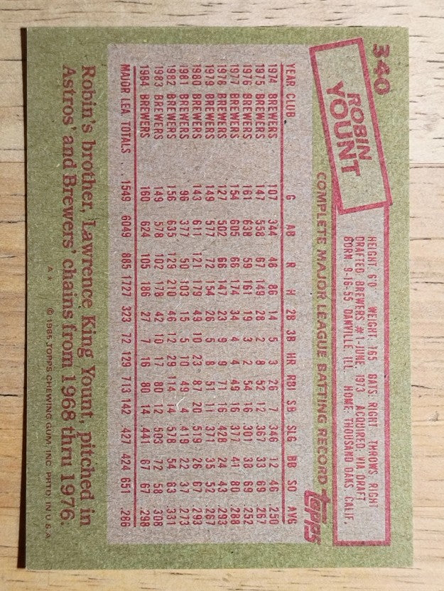 1985 Topps #340 Robin Yount