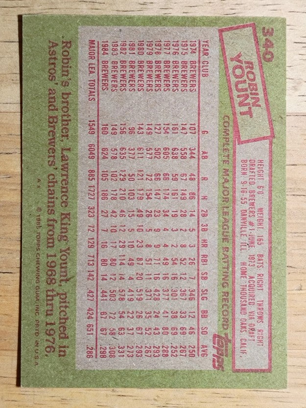 1985 Topps #340 Robin Yount