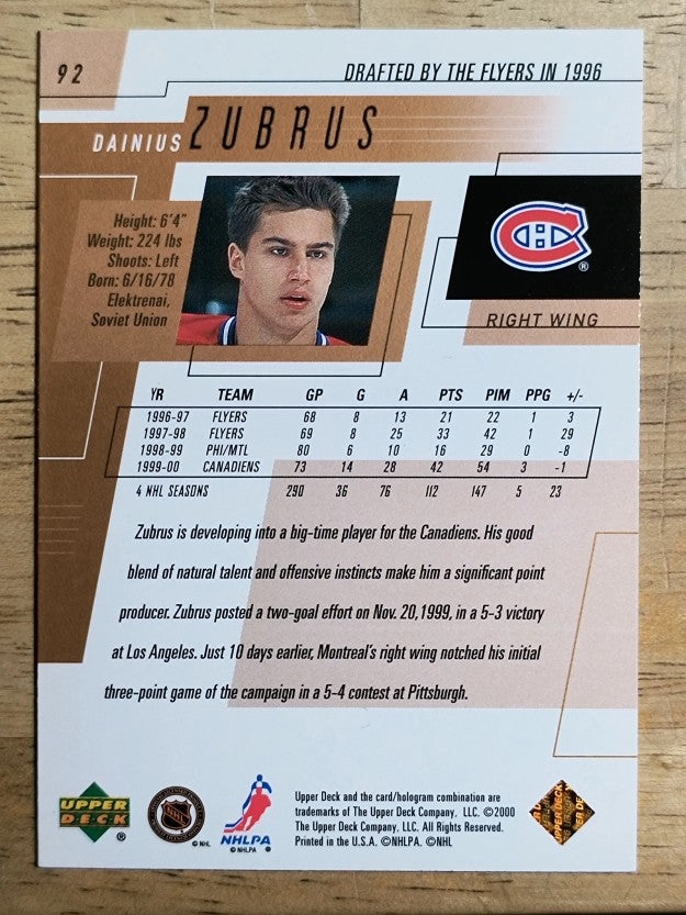 2000-01 Upper Deck #92 Dainius Zubrus