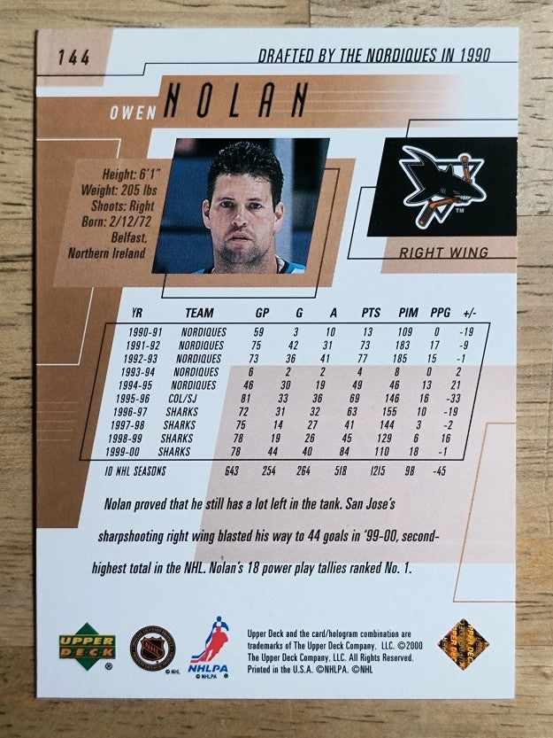 2000-01 Upper Deck #144 Owen Nolan